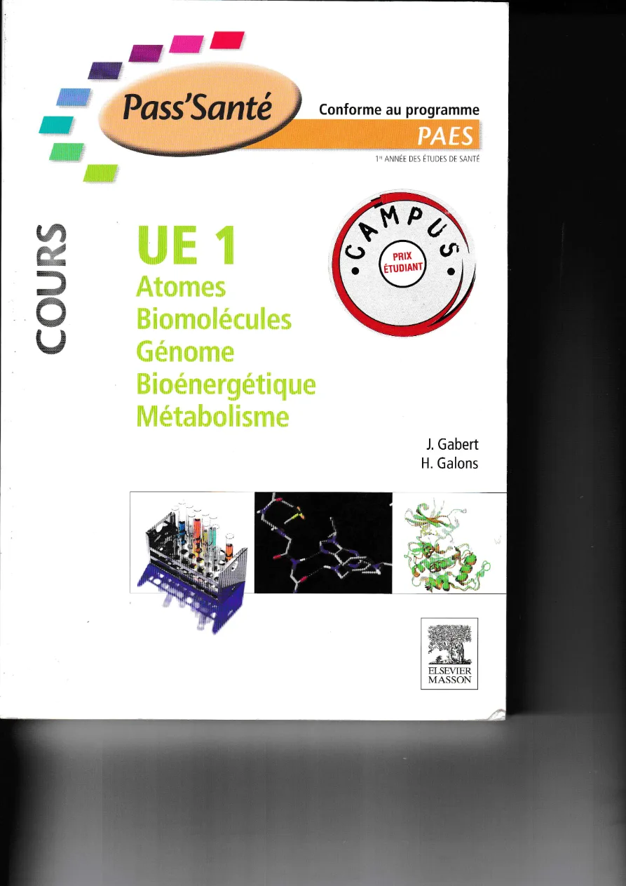 Couverture de Ue1 atomes biomolécules génome bioénergétique métabolisme
