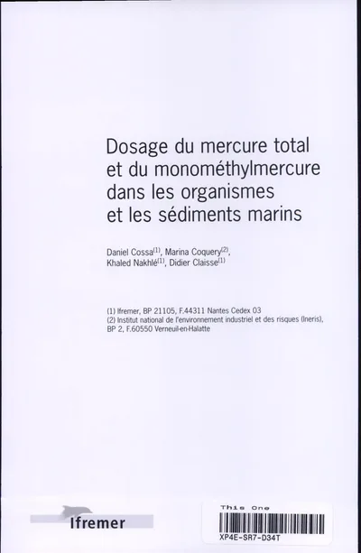 Couverture de Dosage du mercure total et du monométhylmercure dans les organismes et les sédiments marins